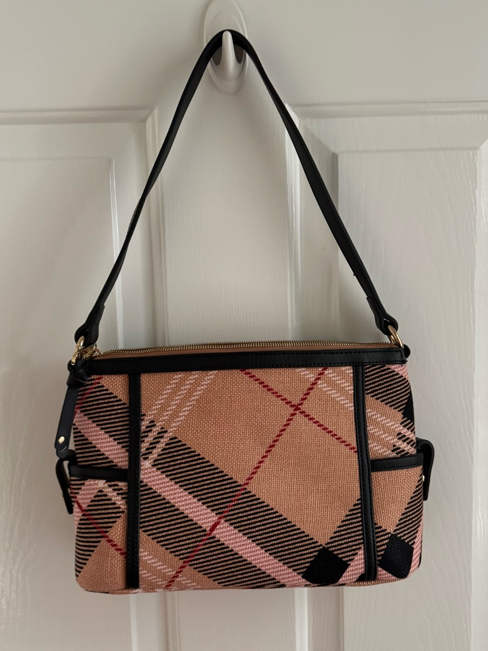 Spartina 449 Peach Black Plaid Shoulder Bag with Black Leather Trim - Picture 2 of 16